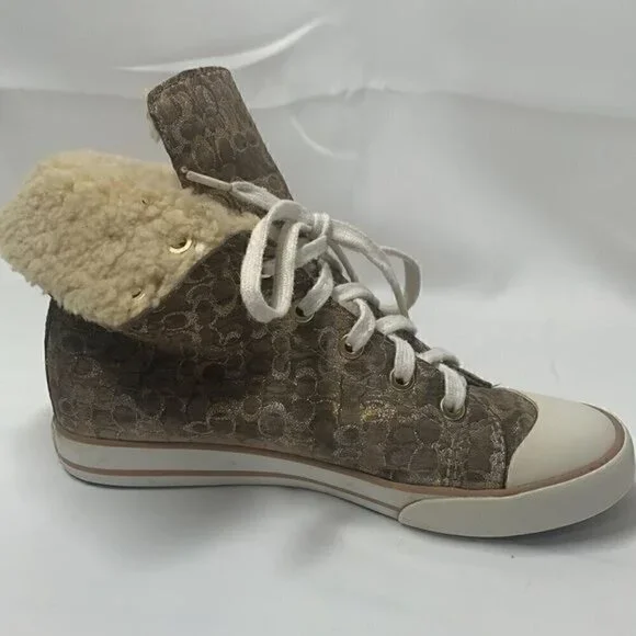 Coach Bonney Shearling Women’s Hi Top Sneakers-Metallic Rose Gold/Silver Sz 6.5 - Picture 2 of 11
